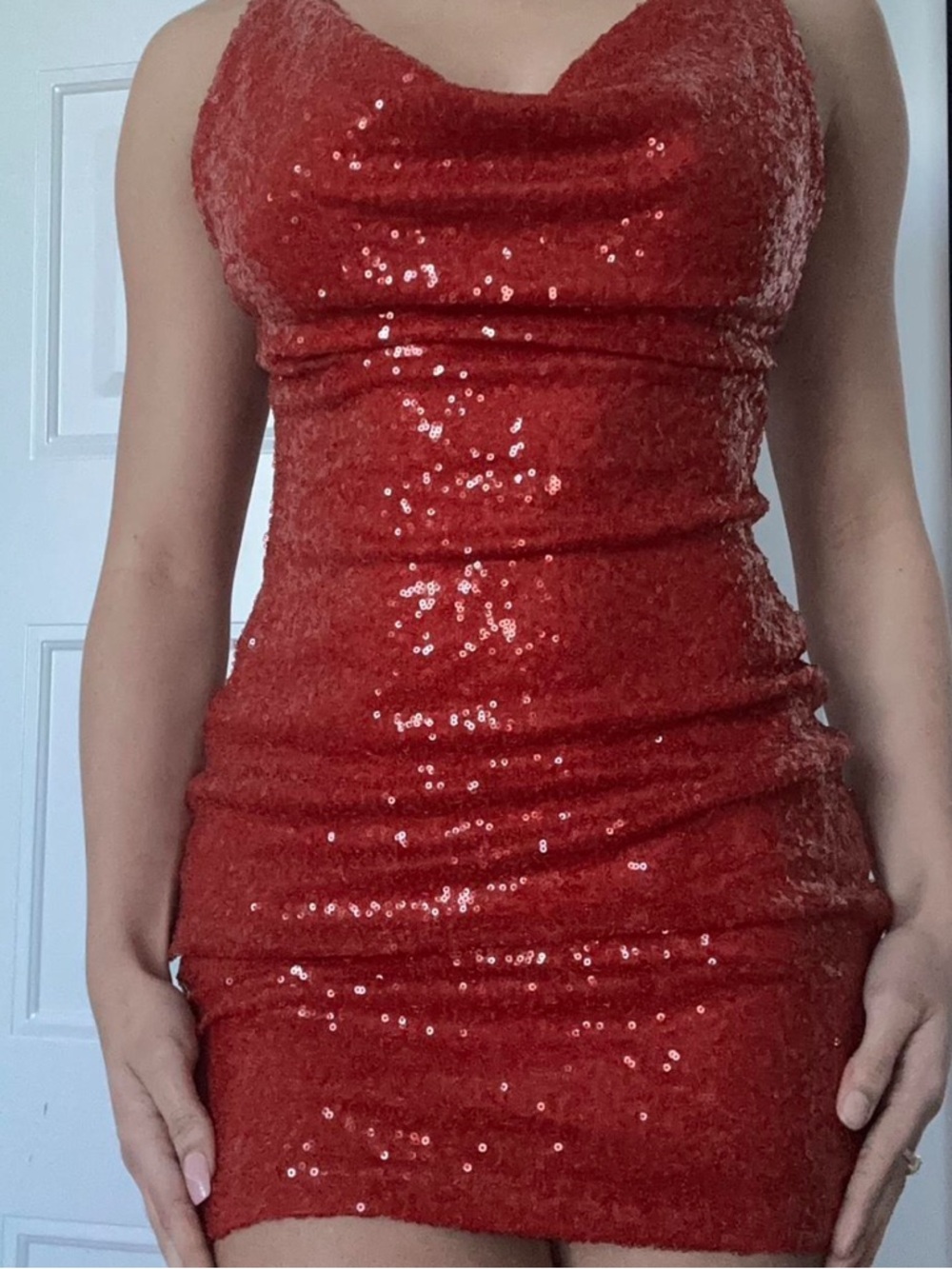 Hera Collection Red Sequin Cowl Neck Mini Dress